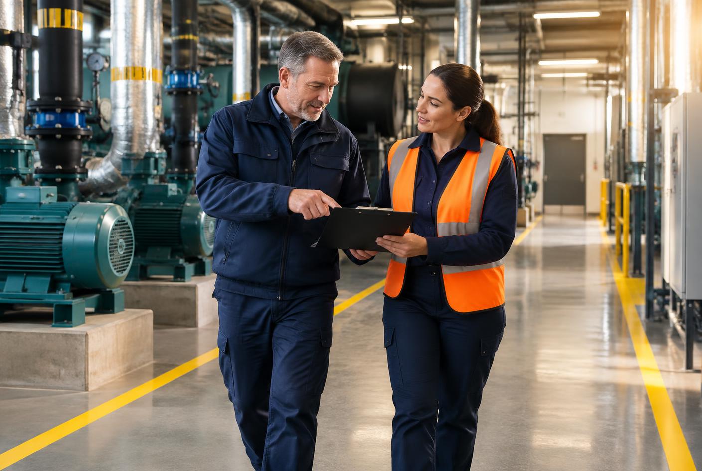 Facilities specialists reviewing critical systems together