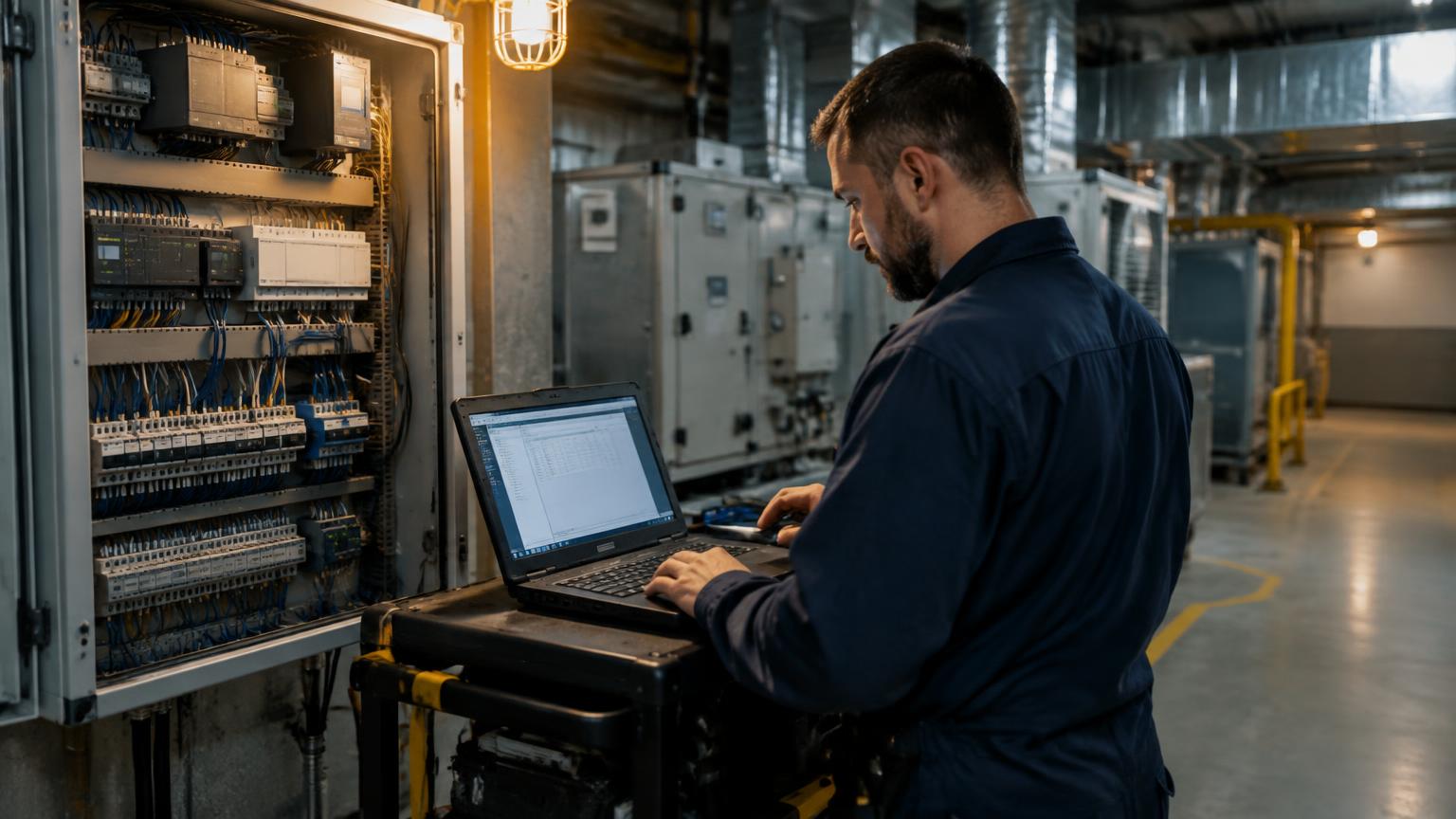 Building automation engineer commissioning a field control panel