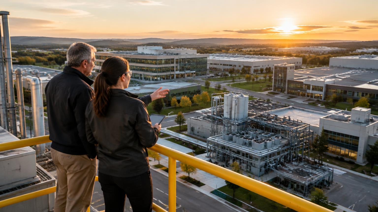 Facility leaders surveying a large industrial and commercial campus