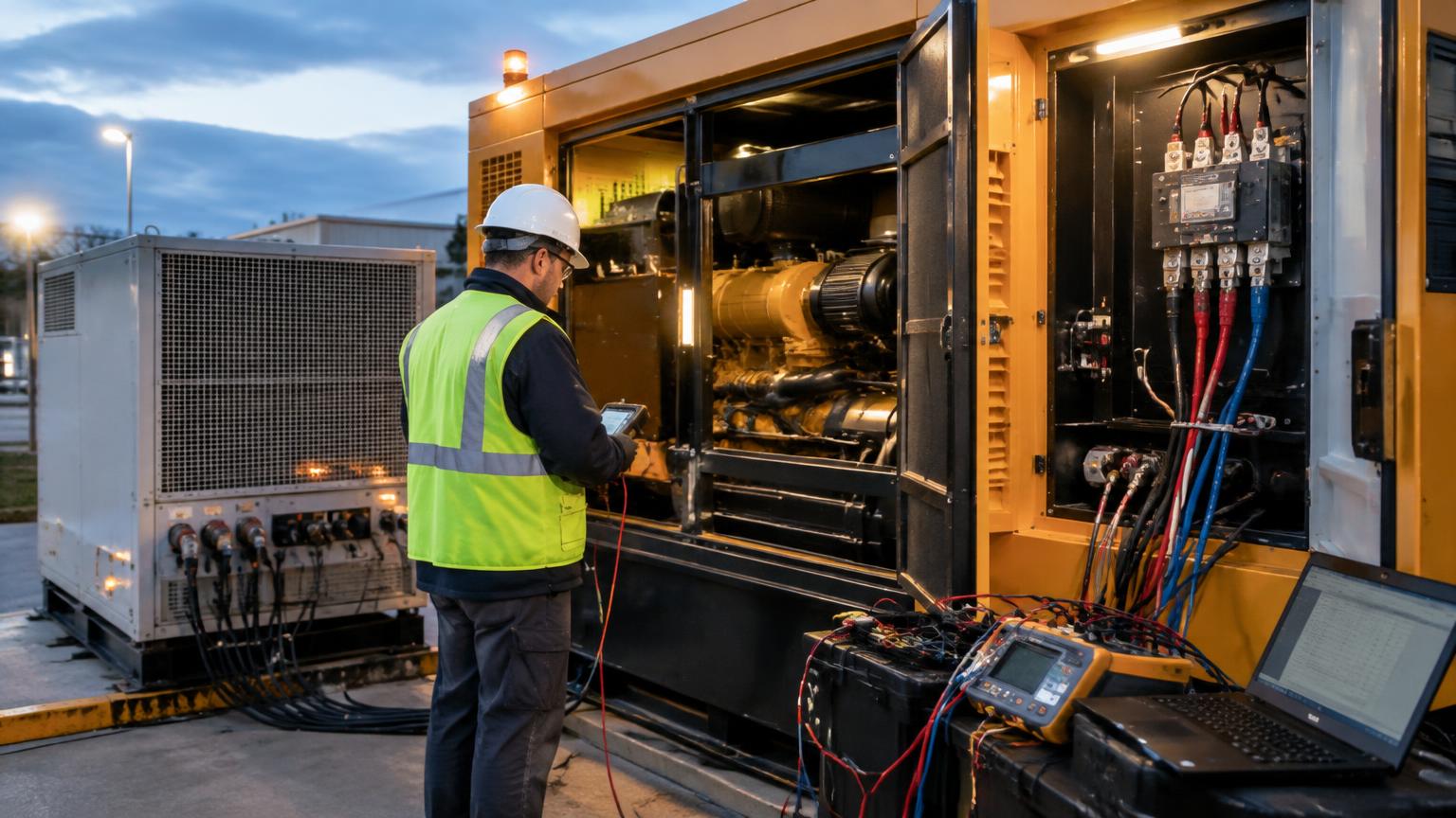 Technician performing standby generator load testing