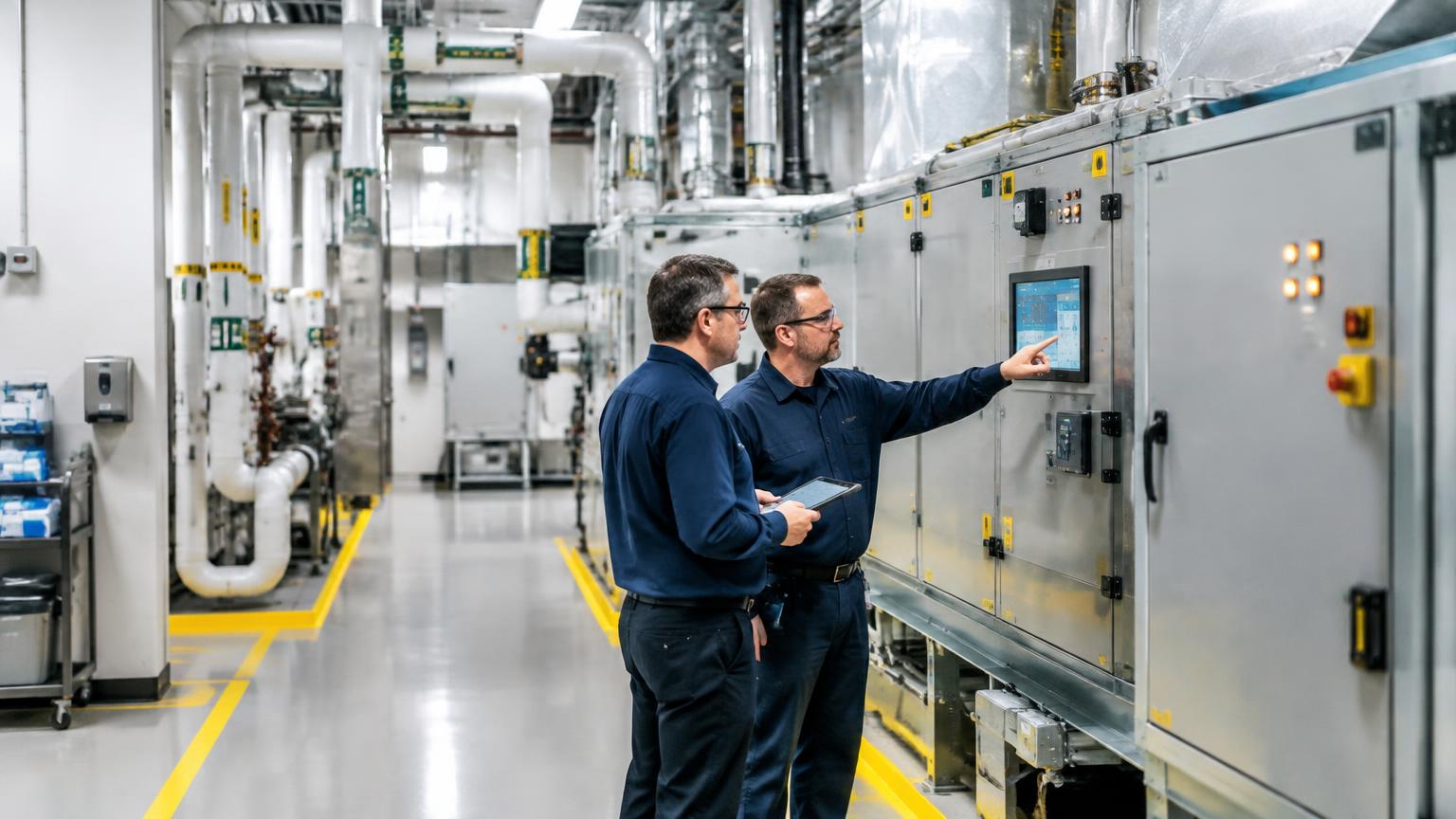Hospital facility engineers reviewing critical air handling equipment