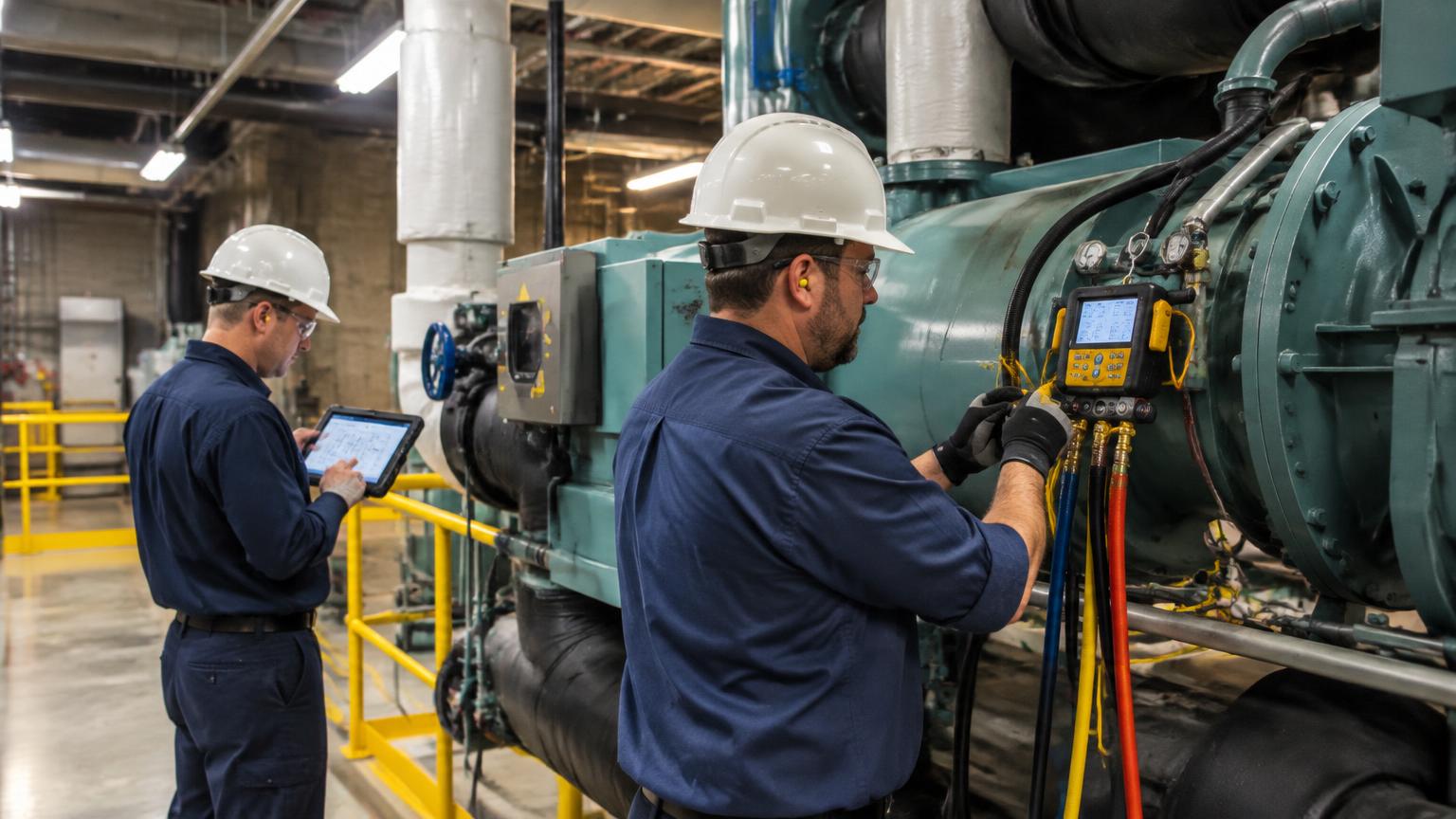 HVAC technicians testing a large commercial chiller
