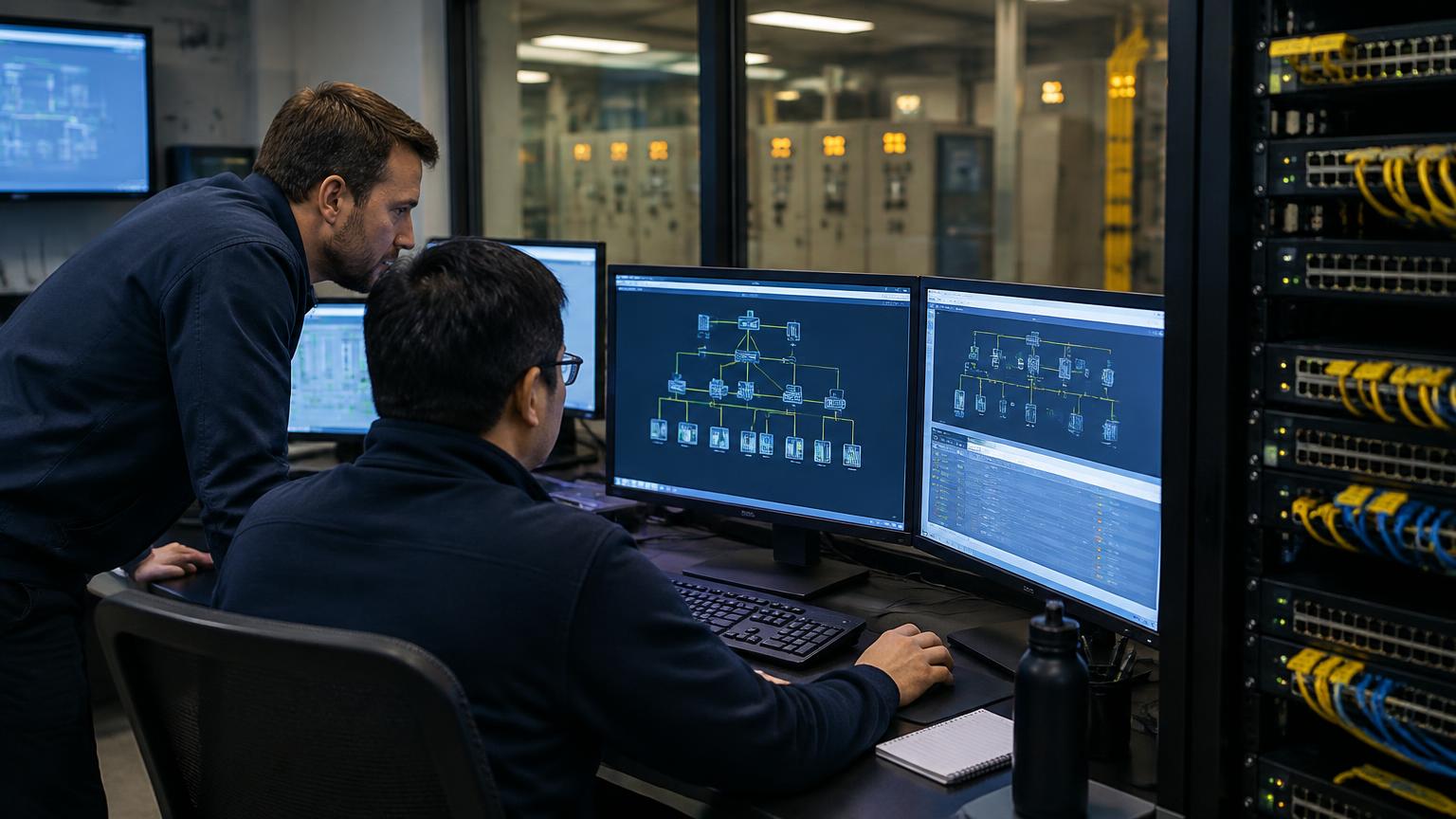 OT security specialists reviewing an industrial controls network