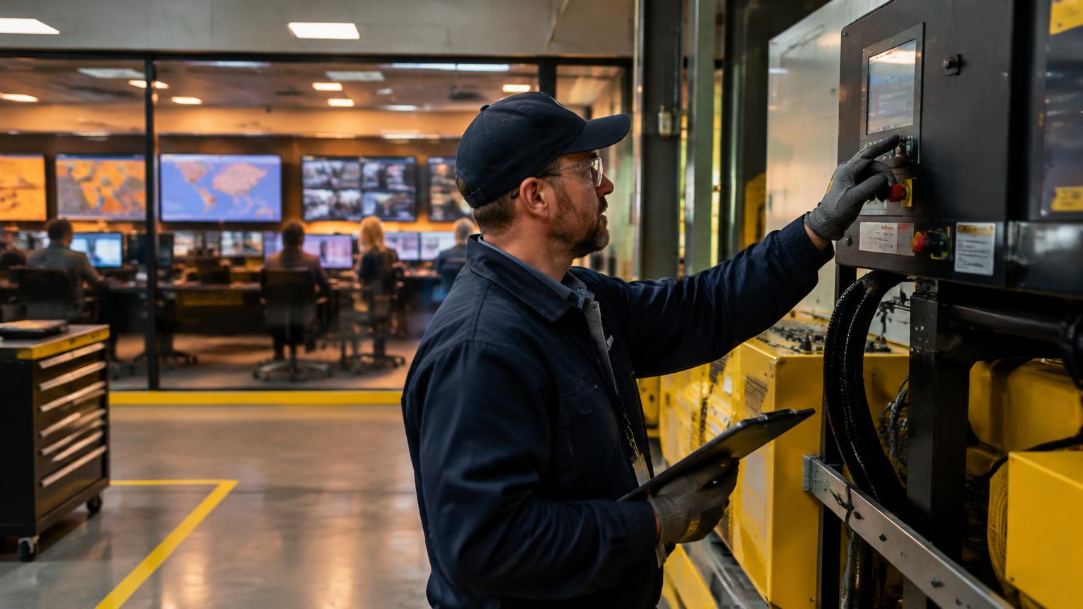 Technician inspecting systems at a public safety operations center