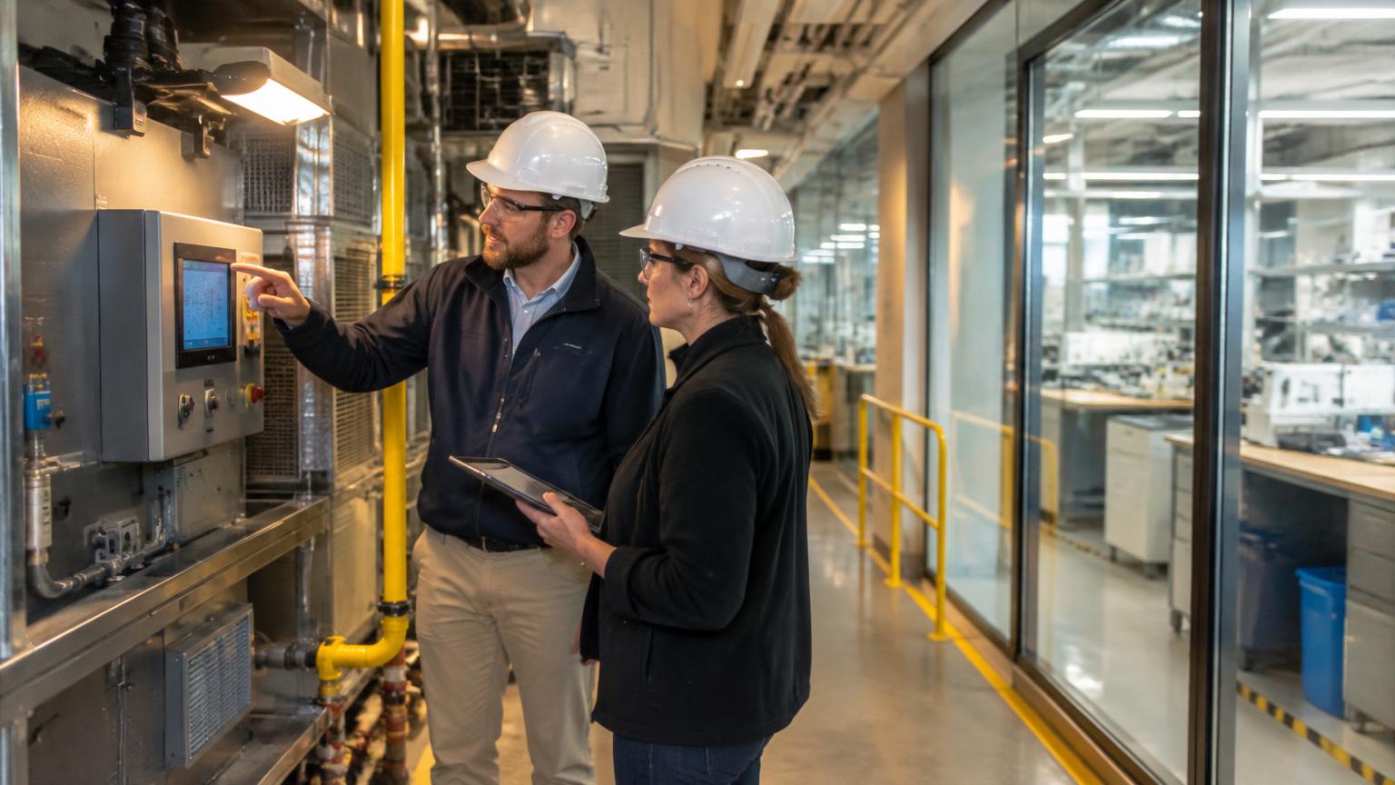 University facility team reviewing laboratory building systems