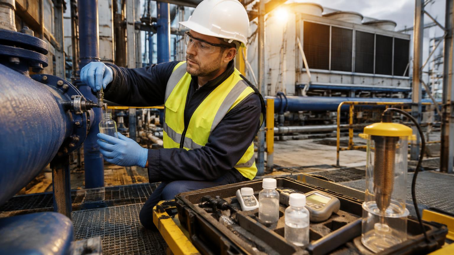 Water treatment specialist sampling a cooling system