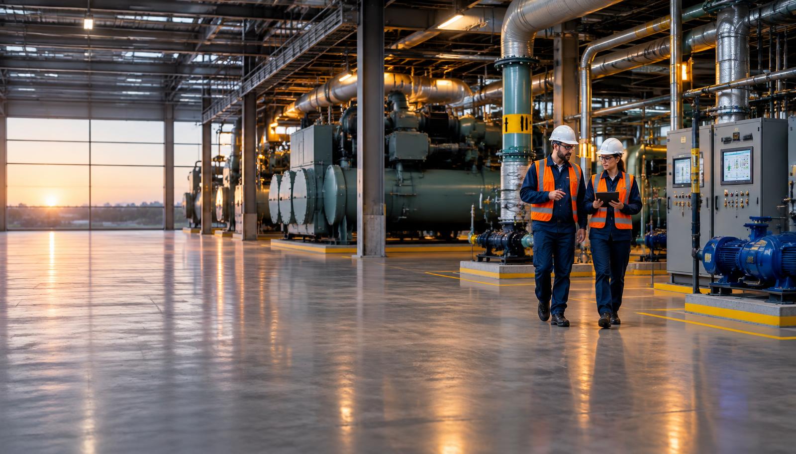 Facilities engineers walking through a central utility plant
