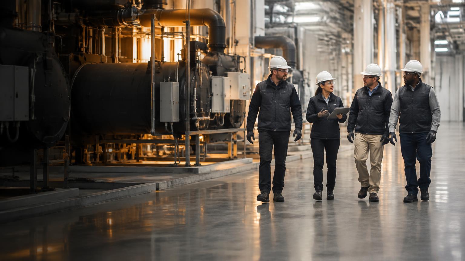 RJY facility professionals walking through a modern central utility plant