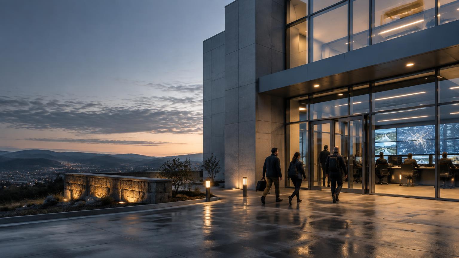 Secure public operations facility at dawn