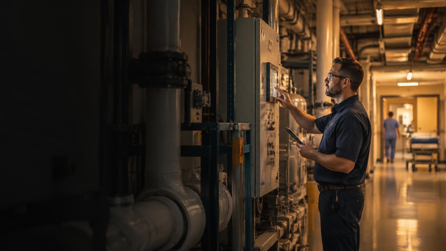 Hospital facility engineer inspecting building controls near a clinical corridor