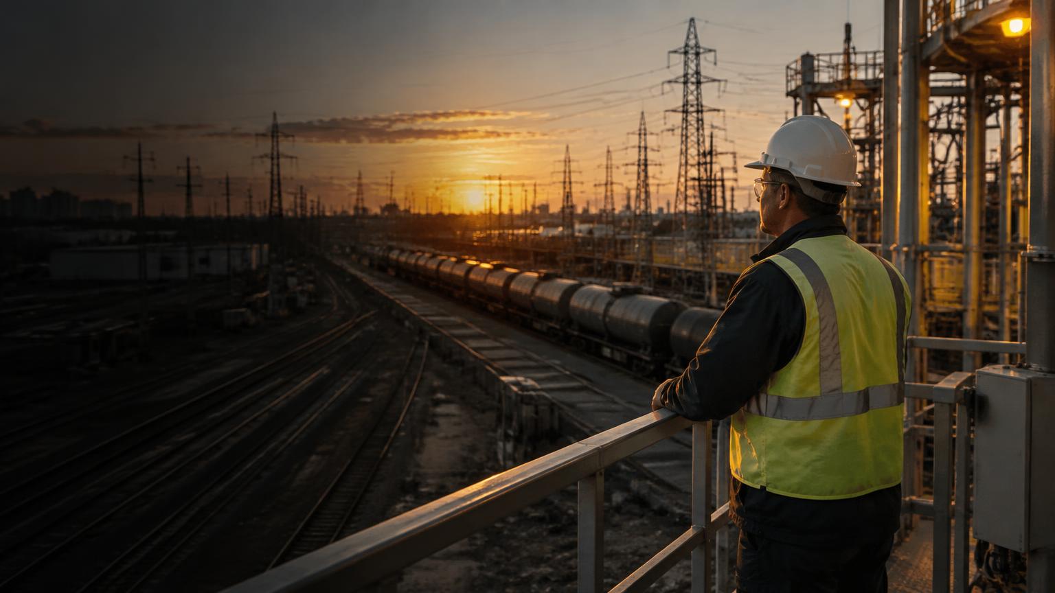 Operations engineer overlooking active rail and electrical utility infrastructure